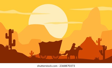 Wild west desert landscape vector illustration. Cowboy with wagon in the wild west desert landscape. American desert landscape for background, wallpaper or landing page