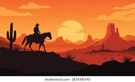 Wild West Desert Sunset Flat Vector Landscape With Lone Cowboy On Horseback Silhouette