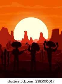 Wild West desert sunset landscape with mexican mariachi musicians silhouettes. Cowboy or charro men vector characters with sombreros, guitar, trumpet and violin standing at sand desert with cactuses