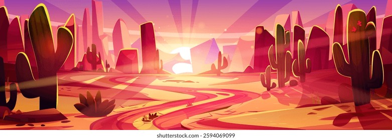 Wild west desert sunset panorama with rock mountain formations, pink and purple gradient sky with radiating sunbeams, winding path through sandy terrain, scattered cacti. Western game landscape.