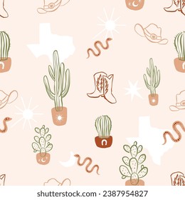 Wild West desert theme seamless pattern with vector hand drawn illustrations