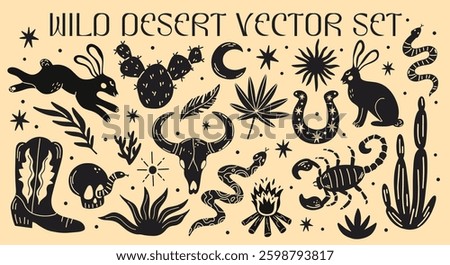 Wild west desert vector sticker elements set. Collection of cute groovy funky cartoon illustration of cowboy western boots, cowgirl aesthetic, animals, plants, horseshoe, snake, skull, cactus