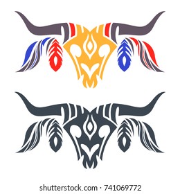 Wild west design element with Bull skull and feathers