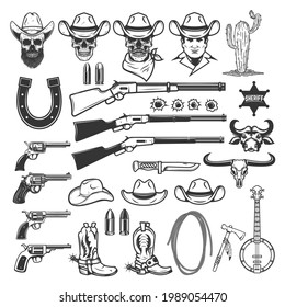Elementos de diseño de Wild West. Arma de vaquero, sombrero, botas, lazo, cráneo de vaquero. Elemento de diseño para logotipo, etiqueta, signo, emblema. Ilustración del vector