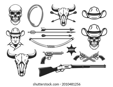Wild West design elements. Cowboy weapon, hat, lasso, cowboy skull. Design element for logo, label, sign, emblem. Vector illustration