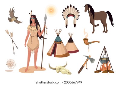 Wild West design elements set. Collection of indian woman in traditional dress, buffalo skull, tomahawk, pipe, wigwam, feather headdress. Vector illustration isolated objects in flat cartoon style