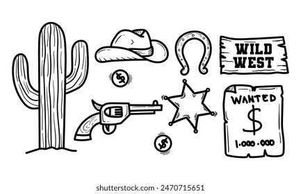 Wild west doodle vector set. Very suitable for completing designs in the desert, printing needs, and others.