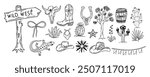 Wild west doodles clipart. Cowgirl western coquette aesthetic. Horseshoe, cactus, cowboy boots and hats with bow. Hand drawn black outline western core vector illustration.