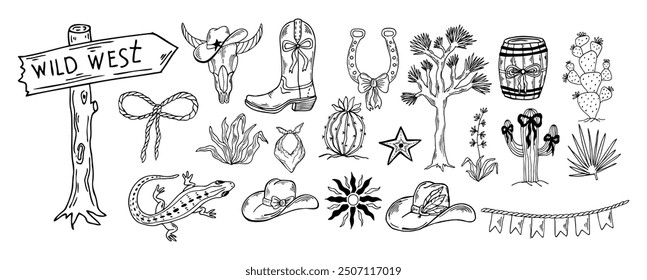 Wild west doodles clipart. Cowgirl western coquette aesthetic. Horseshoe, cactus, cowboy boots and hats with bow. Hand drawn black outline western core vector illustration.