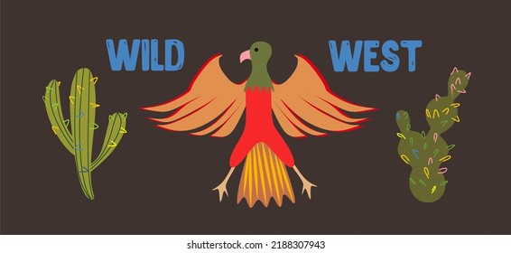 Wild West.An eagle in the middle, two different cacti on the sides.Flat style, cardboard. Fashion vector illustration. Cute style.