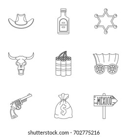 Wild west element icon set. Outline set of 9 wild west element vector icons for web isolated on white background