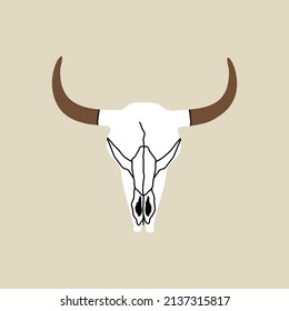 Wild west element in modern style flat, line style. Hand drawn vector illustration of old western cow, buffalo or bull skull with horns, dead animal head cartoon design. Cowboy patch, badge, emblem.