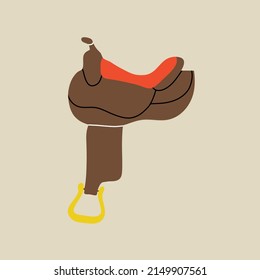 Wild west element in modern style flat, line style. Hand drawn vector illustration of old western cowboy saddle, cartoon design. Cowboy patch, badge, emblem.