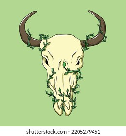 Wild west element in modern style flat, line style. Hand drawn vector illustration of old western cow, buffalo or bull skull with horns, dead animal head cartoon design. Cowboy patch, badge, emblem.