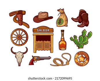 Wild West elements. 3d cowboy cactus. Cowboy hat and boots. Cow or horse skull. Realistic adventure cart. Saloon door. Whiskey bottle. Sheriff sign. Pistol with holster. Vector isolated set