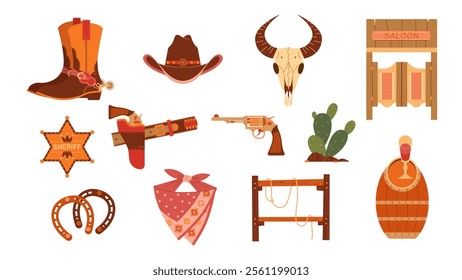 wild west elements collection with cactus, bull skull, cowboy boots, etc. 