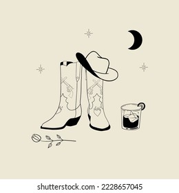 Colección de elementos del oeste salvaje con botas de vaquero, sombrero, whisky, rosa, luna y estrellas. Botas de vaquero occidentales tradicionales. Ilustración vectorial de línea dibujada a mano