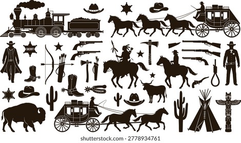 Wild West elements icons, cowboy, native american, sheriff, vintage steam train, stagecoach, bison, cactus, frontier life, horse rider, lasso, weapon