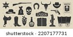 Wild west elements in modern flat, line style. Hand drawn vector illustration: cowboy boot, hat, saloon doors and sign, bandana, bull and human skull, revolver, cactus, whiskey bottle, wagon, rifle. 