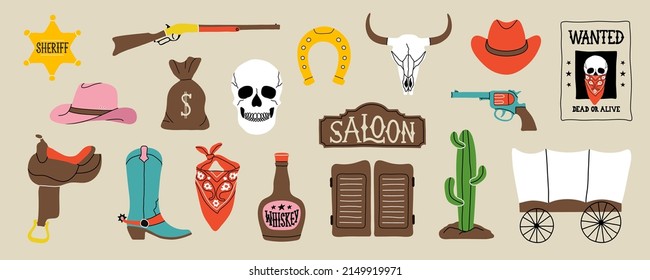 Wild west elements in modern flat, line style. Hand drawn vector illustration: cowboy boot, hat, saloon doors and sign, bandana, bull and human skull, revolver, cactus, whiskey bottle, wagon, rifle. 