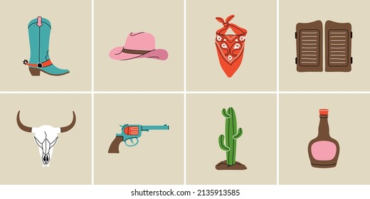 Wild west elements in modern style flat, line style. Hand drawn vector illustration: cowboy boot, hat, saloon doors, bandana, bull skull, revolver, cactus, rum bottle. Cowboy patch, badge, emblem.