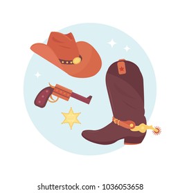 Wild west elements set. Cowboy accessories. Hat, boot, revolvers and sheriff star badge
