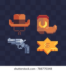 Wild west elements set. Cowboy accessories. Hat, boot, revolvers and sheriff star badge. Pixel art icons. Game and app ui icons. Isolated vector illustration.