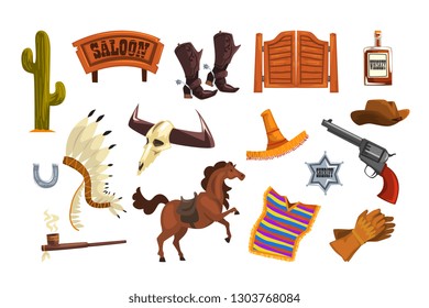 Wild west elements set, cowboys accessories and symbols vector Illustrations
