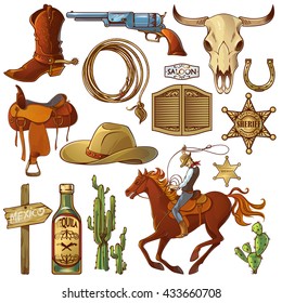 Wild west elements set with icons cowboy icons cowboys equipment and many different accessories vector illustration
