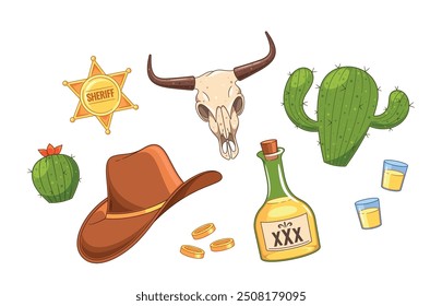 Wild West Elements Vector Set With Cactus, Skull, Sheriff Badge And Cowboy Hat For Western Graphic Designs