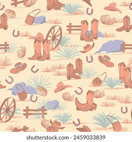 Wild West Fences, Cowboy Boots and Hats, Wagon Wheels and Horseshoes seamless pattern print background