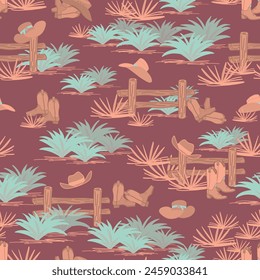 Wild West Fences, Cowboy Boots and Hats, Aloe, and Agave Plants seamless pattern print background