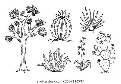 Wild west floral clip art, cactus and trees. Hand drawn black outline western core vector illustration.