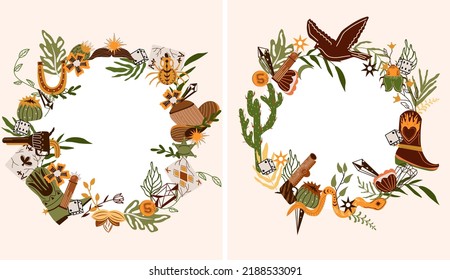 Wild West with flying eagle , playing cards, mystical snake, a cowboy hat, cactus and others. Combo western cards for your holiday. Further Old West in flat style. Vector illustration.