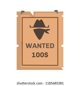 Wild West fnnouncement of the search for a criminal color vector icon. Flat design