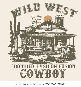 Vaqueiro de fusão de moda de fronteira oeste selvagem, Cowboy T-shirt Design. Deserto de cacto selvagem para vestuário, cartaz, fundo, adesivo e outros. Obra de Cowboy. Tipografia, impressão, logotipo, cartaz. Amostras globais