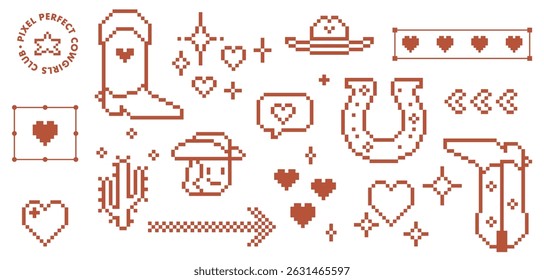 Wild west game abstract brown design elements set. Y2k inspired cowboy icon. Retro cowboy western isolated vector illustration in pixel art. Cowboy boot, cactus, lucky horse shoe collage sticker