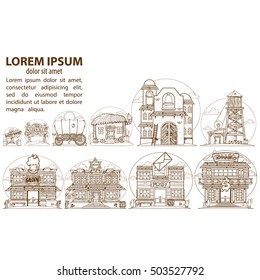 Wild West game background. Buildings and household items.
