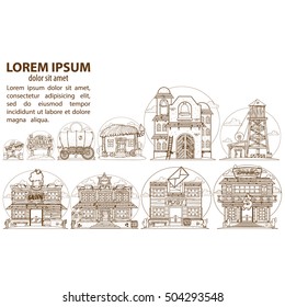 Wild West game background. Buildings and household items.