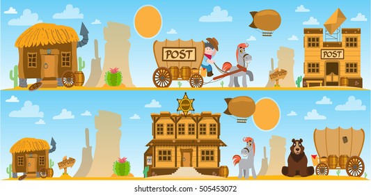 Wild West game background. Daily life cowboys, local attractions.