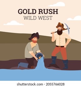 Wild-West-Gold-Spitzbanner oder Poster-Vorlage mit Cartoon-Zeichen, flache Vektorgrafik. Vintage-amerikanischer Geschichtsbanner mit Abenteuern und Goldsuchern.