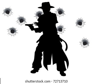 A Wild West Gunslinger Drawing And Firing His Gun In A Shootout With Bullet Holes In The Background