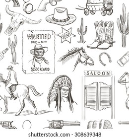 Wild West hand drawn seamless pattern with revolvers, skull, injun, cowboy, van, horse, cactus, hat, horseshoe, lasso, sheriff, shoes, star, horseman, saloon