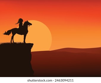 wild west handdrawn vector silhouette scene with native american chief riding horse at cliff top watching the sunset over mountain land