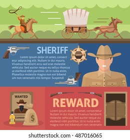 Wild west horizontal banners set with working cowboy sheriff and reward for catching criminal isolated vector illustration