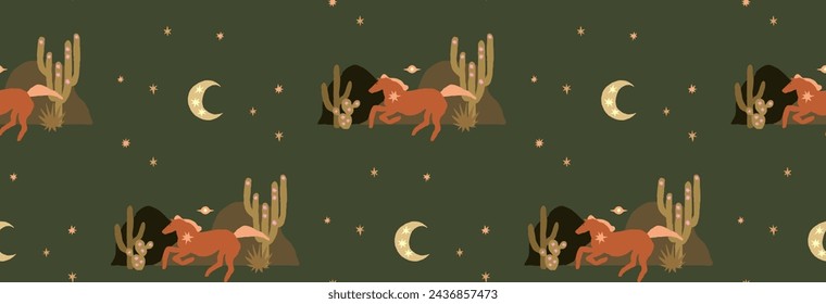 Caballo salvaje del oeste y patrón sin fisuras de cactus. Fondo dibujado a mano boho