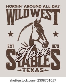 Wild West, Horse Stables. 
Artwork design, illustration for t shirt design, printing, poster, wild west style, American Western.