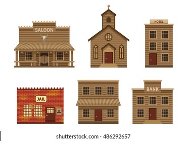 Wild west houses set with residential building and church hotel and saloon stone jail isolated vector illustration