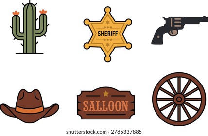 Wild west icon collection featuring sheriff badge, cowboy hat, revolver, saloon sign, cactus and wagon wheel illustrations