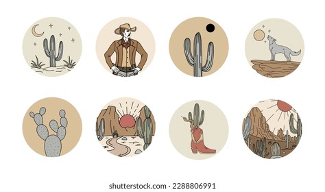 Wild west icon set, retro cartoon vector social media highlight covers.